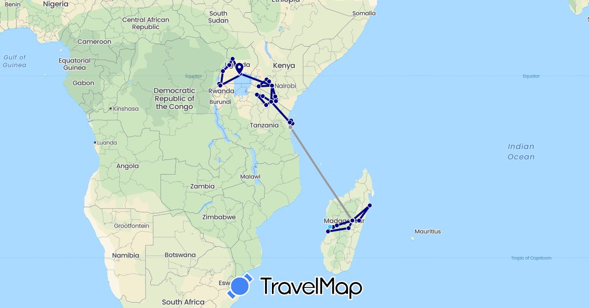 TravelMap itinerary: driving, plane, boat in Kenya, Madagascar, Tanzania, Uganda (Africa)